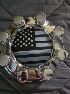 Chrome Hubcap Wall Art with Black & Gray American Flag